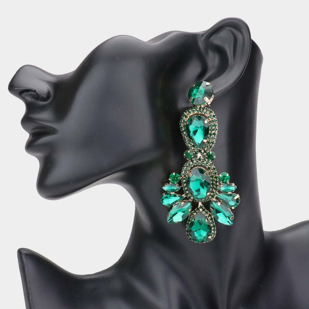 Emerald Rhinestone Crystal Dangle Earrings 3.5 Inch Statement Teardrop Evening